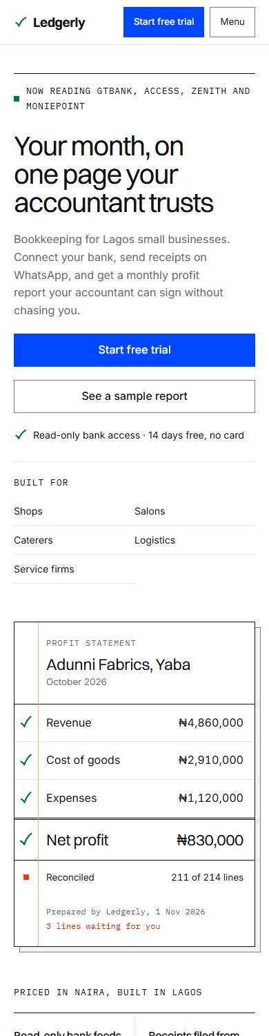 The same Ledgerly site on a phone